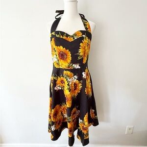 Topdness Women Sunflower Halter Fit & Flare Dress Large Skater Retro Rockabilly